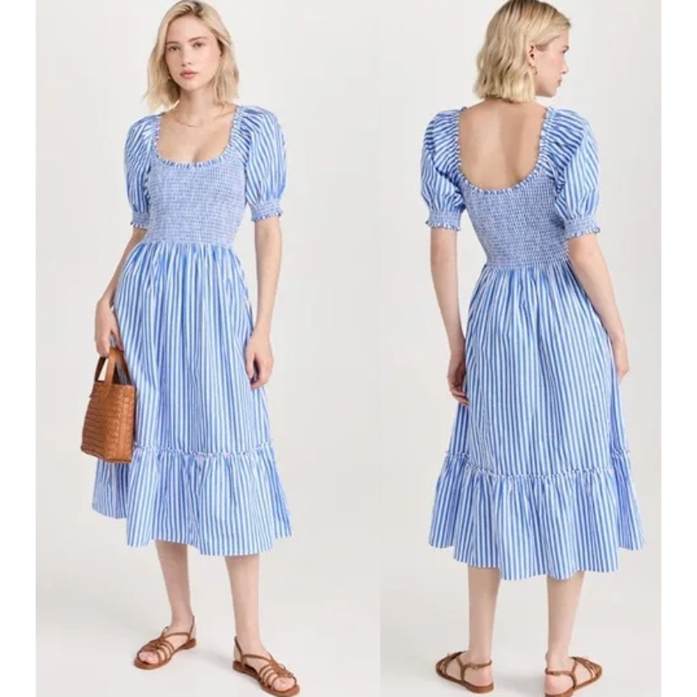 Hill House Home The Louisa Nap Smocked Midi Dress Blueberry Stripe Women's XS